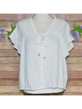 Allie Rose White Top Shirt Faux Button Front Boxy Flutter Sleeve Tie Neck Size S